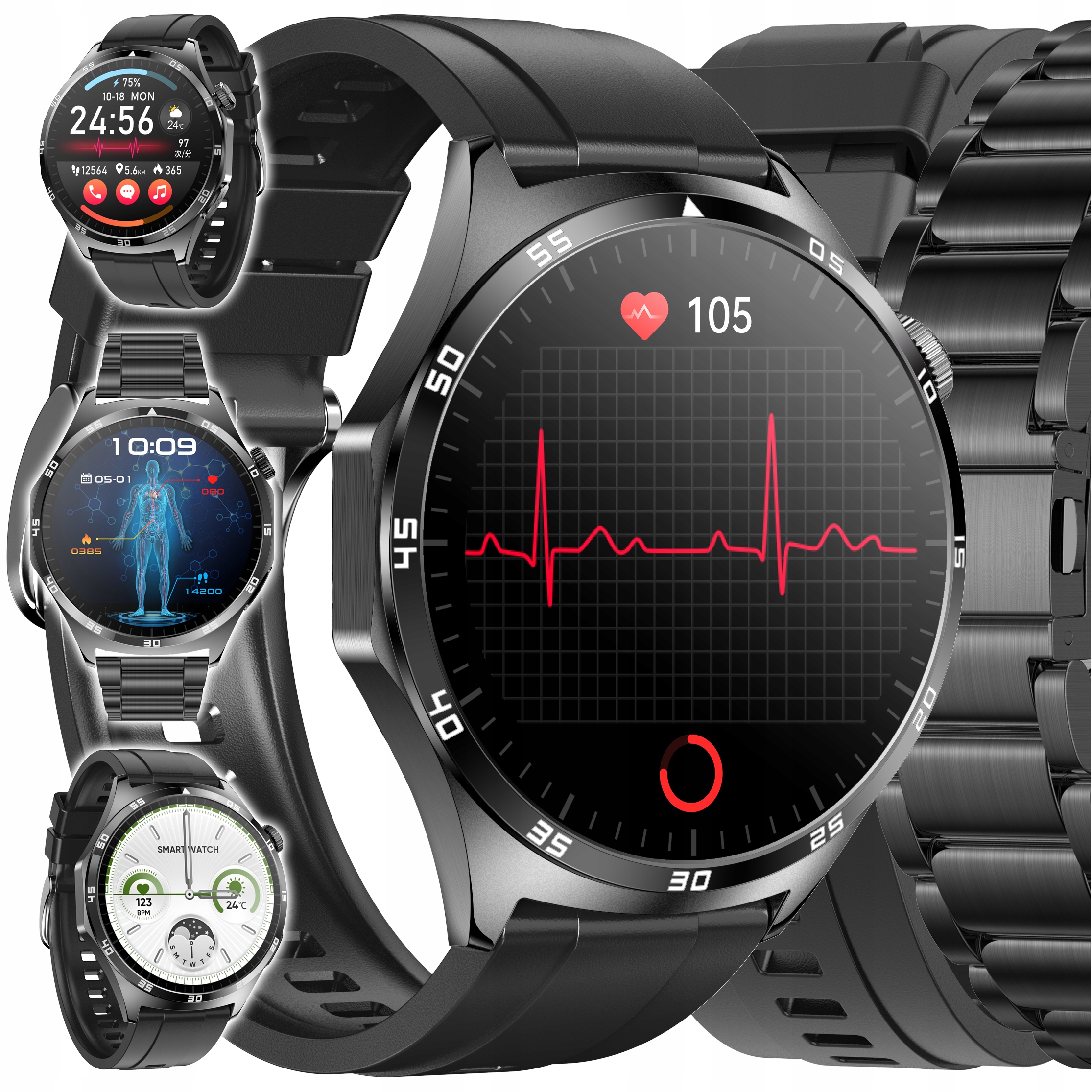 Inteligentné hodinky JG Smart JS300 pre seniorov Kardiohodinky Glykemia ECG POL čierne + 3 ďalšie produkty